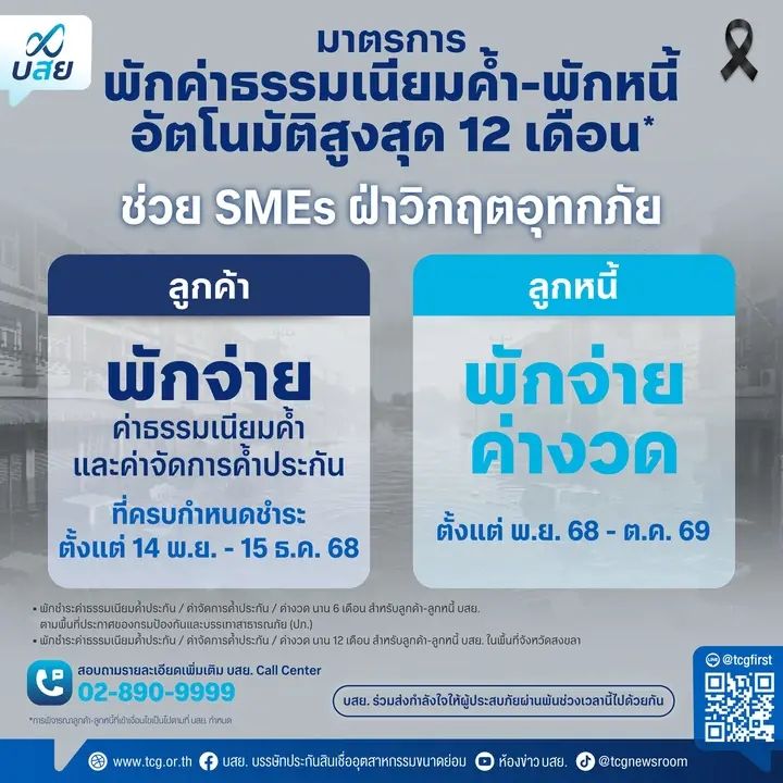 Promotion: มาตรการพักค่าธรรมเนียมค้ำ-พักหนี้อัตโนมัติสูงสุด 12 เดือน ช่วยเหลือลูกหนี้ SMEs ฝ่าวิกฤตอุทกภัย